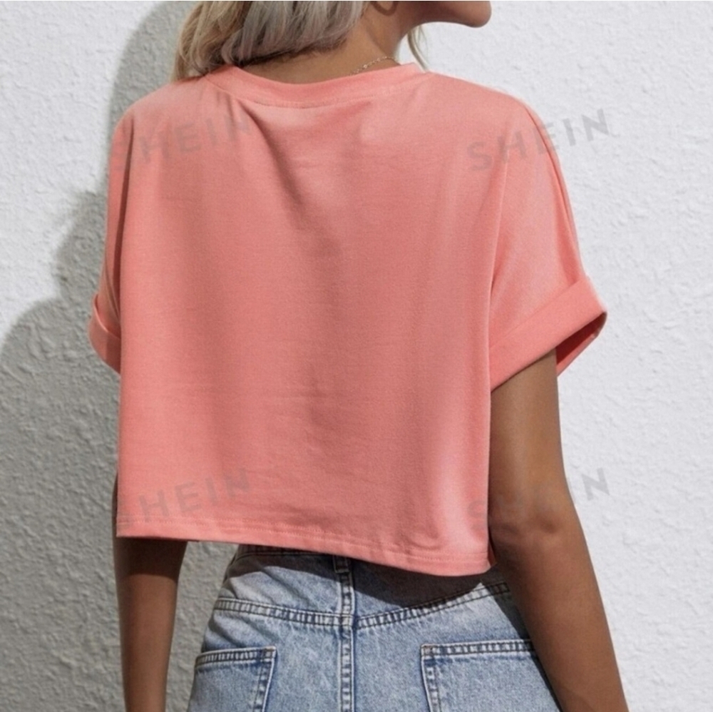 SHEIN Batwing Sleeve Pocket Patched Crop Tee Coral Pink Size Medium NWOT - Picture 3 of 16